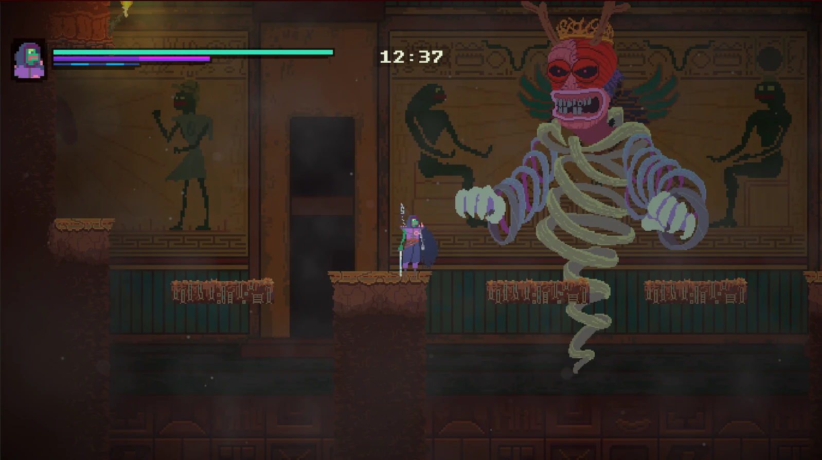 Gameplay: Nubi faces the Mega Trippy Zombie King inside a pixel-art temple