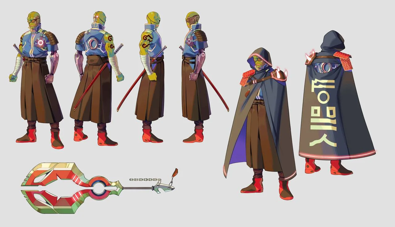 Nubi character sheet: front, back and side views, the hooded cloak, and the capture staff